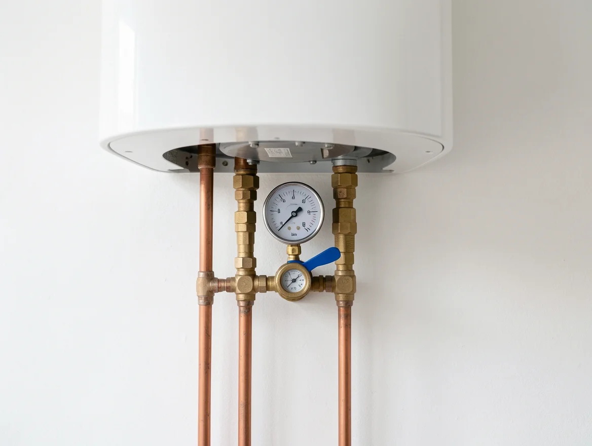 Manomètre d'une chaudière gaz murale indiquant une pression basse, robinet de remplissage visible sous l'appareil