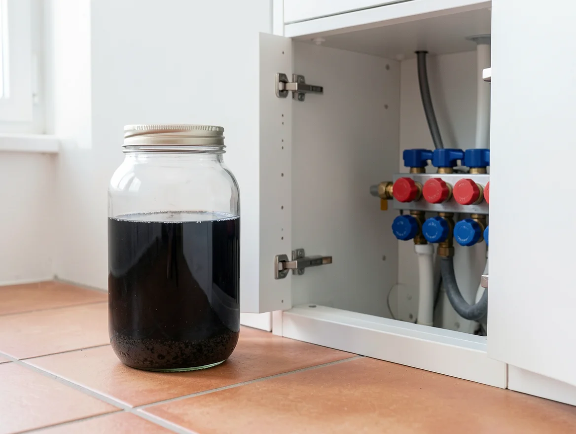 Eau de chauffage noire et chargée de boues prélevée dans un bocal à côté d'un collecteur de plancher chauffant