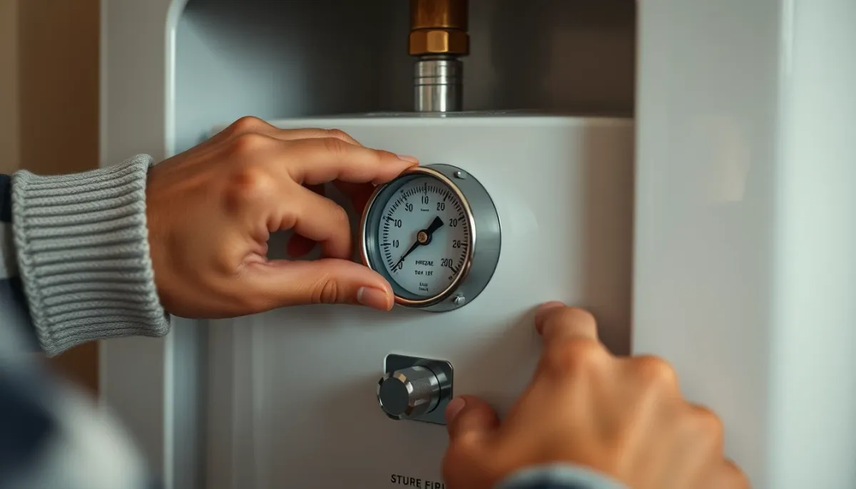 Propriétaire vérifiant la pression du circuit de chauffage sur le manomètre d'une chaudière gaz