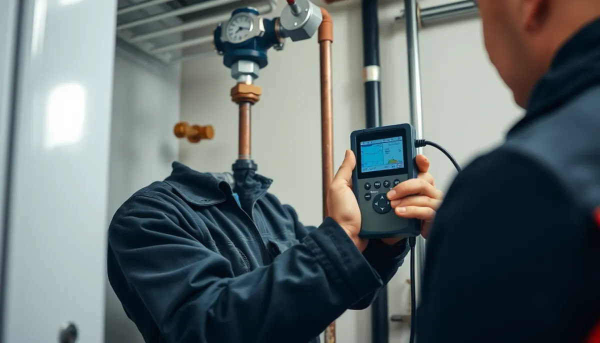 Technicien utilisant un analyseur de combustion pour contrôler les fumées d'une chaudière gaz