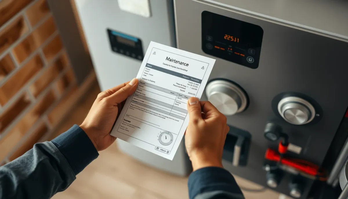 Technicien remettant une facture et une attestation d'entretien pour une chaudière gaz