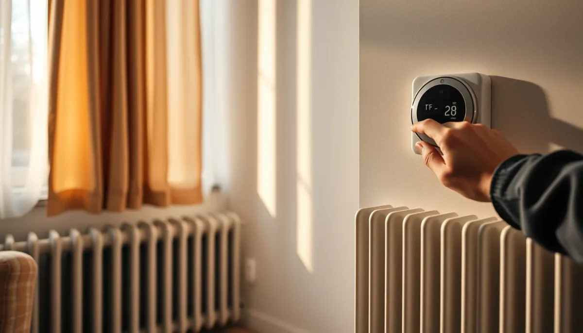 Main réglant un thermostat dans un salon confortable avec un radiateur