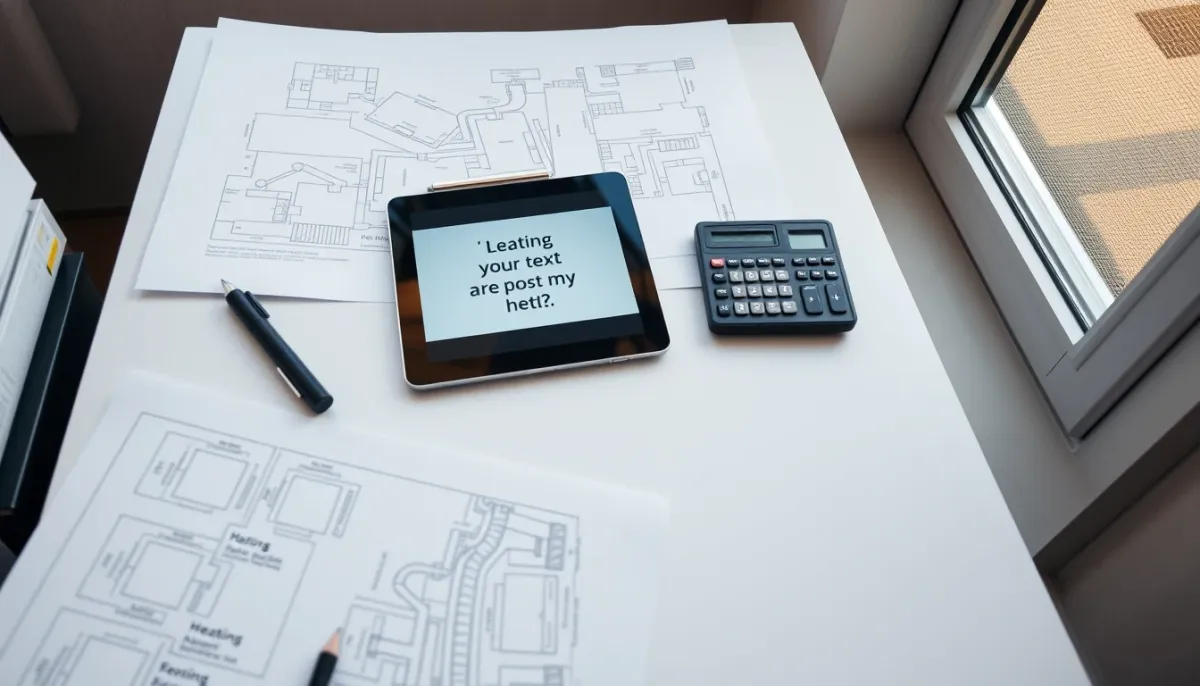 Espace de travail d'un chauffagiste avec devis et plans sur une table