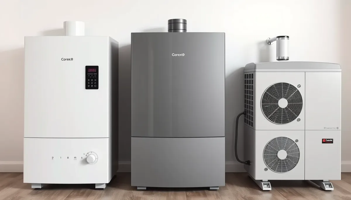 Comparatif visuel de trois systèmes de chauffage : chaudière à condensation, chaudière standard et pompe à chaleur
