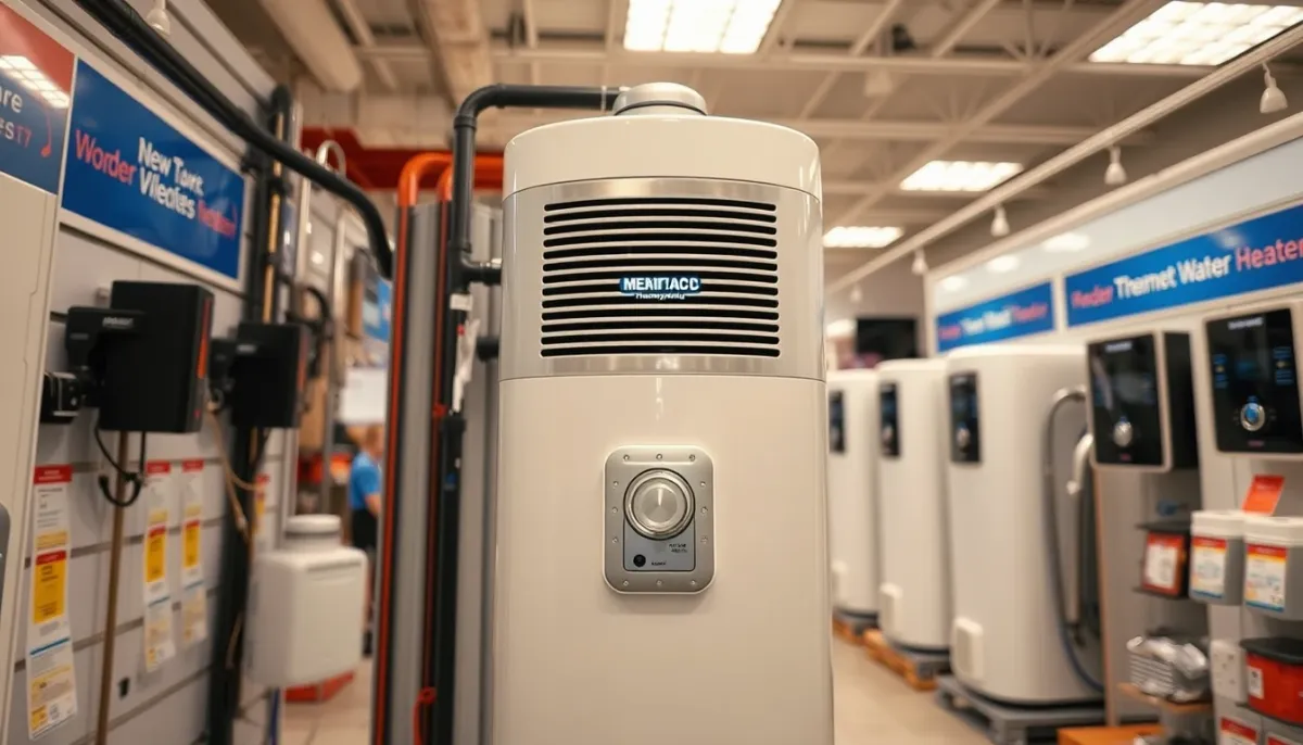 Chauffe-eau thermodynamique exposé en magasin avec étiquettes de prix