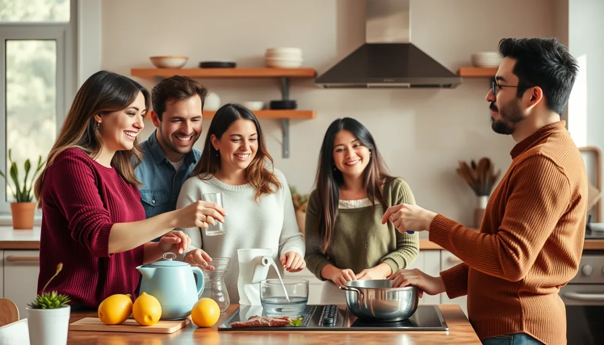 Famille de quatre personnes utilisant l'eau chaude dans une cuisine