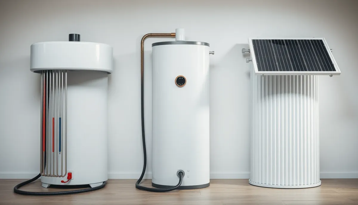 Comparaison côte à côte de trois types de chauffe-eau : thermodynamique, électrique et solaire