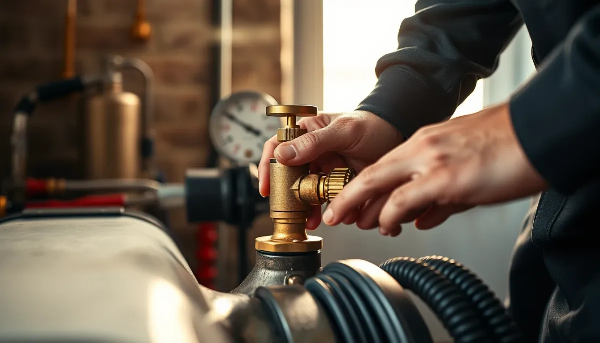 Mains d'un technicien réglant une vanne sur une chaudière à condensation