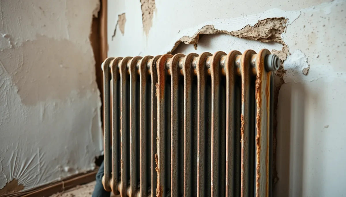Vieux radiateur rouillé déposé lors d'une rénovation, illustrant l'usure et l'encrassement