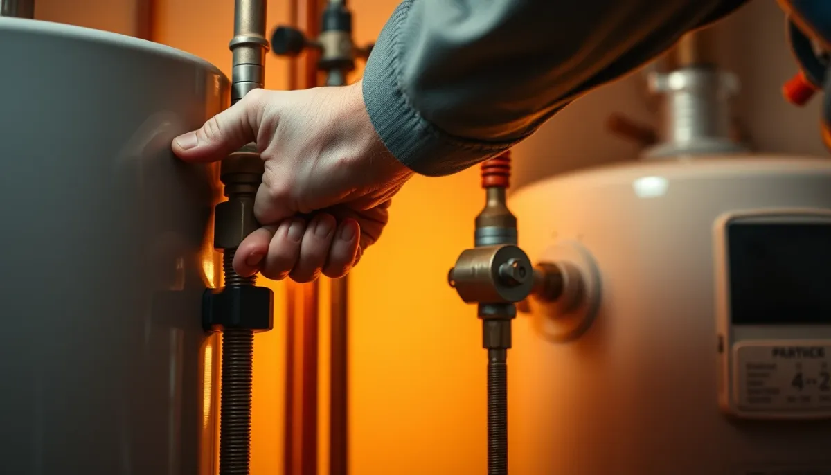 Mains d'un plombier utilisant une clé pour serrer un raccord sur un chauffe-eau