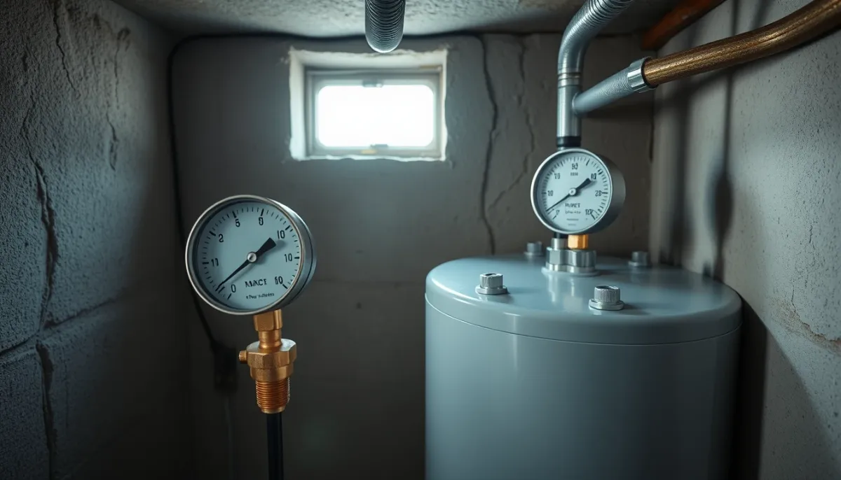 Manomètre et vase d'expansion d'un chauffe-eau dans un sous-sol