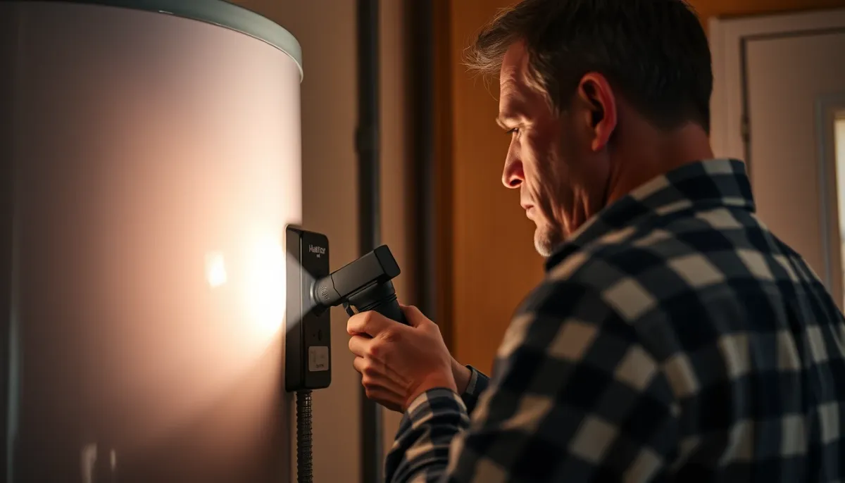 Propriétaire inspectant son chauffe-eau avec une lampe torche