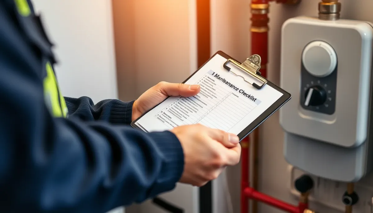 Technicien chauffagiste remplissant une checklist d'entretien devant une chaudière