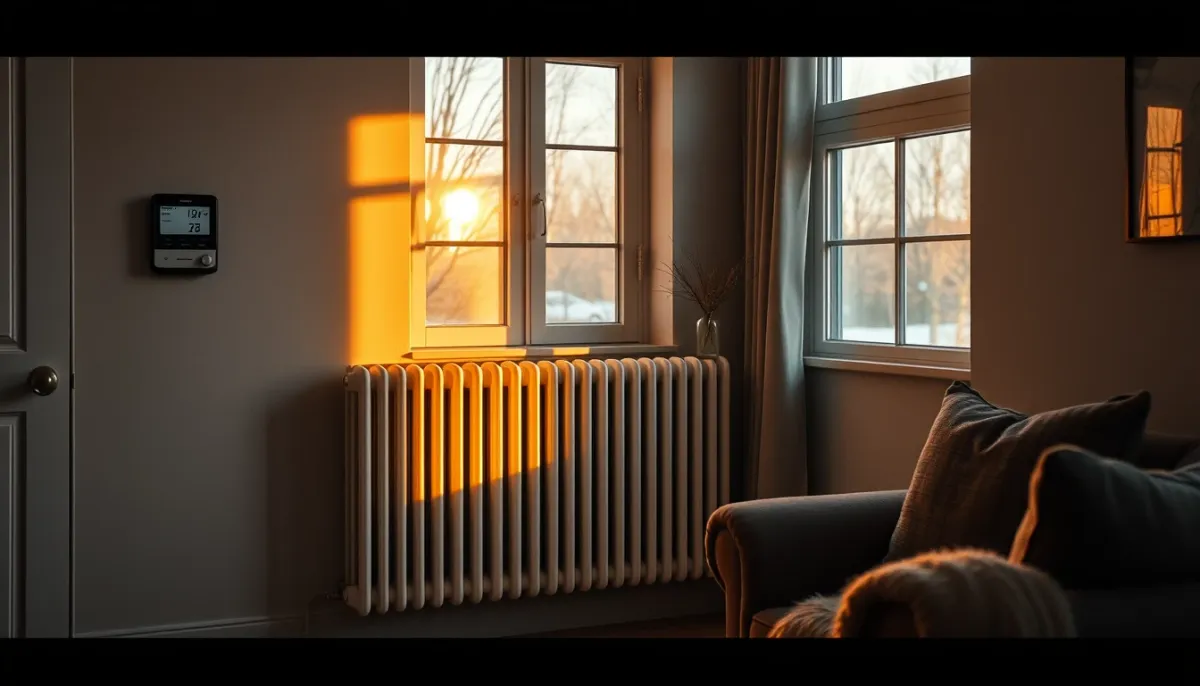 Salon confortable en hiver avec radiateur et thermostat, illustrant le confort au quotidien