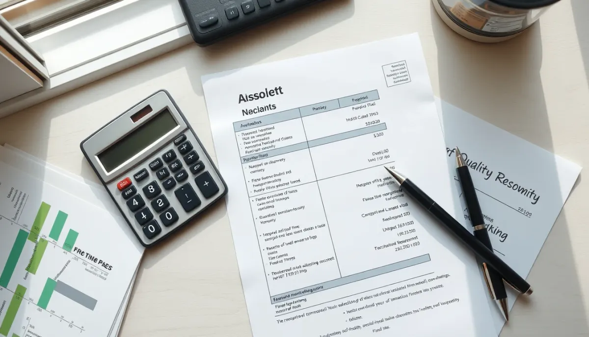 Bureau avec calculatrice et factures d'énergie, symbolisant le prix d'un contrat d'entretien