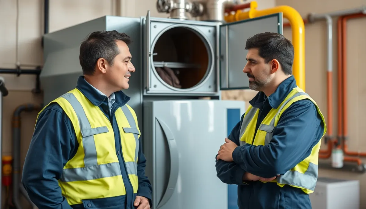 Deux techniciens chauffagistes en discussion devant une chaudière, illustrant le comparatif de contrats
